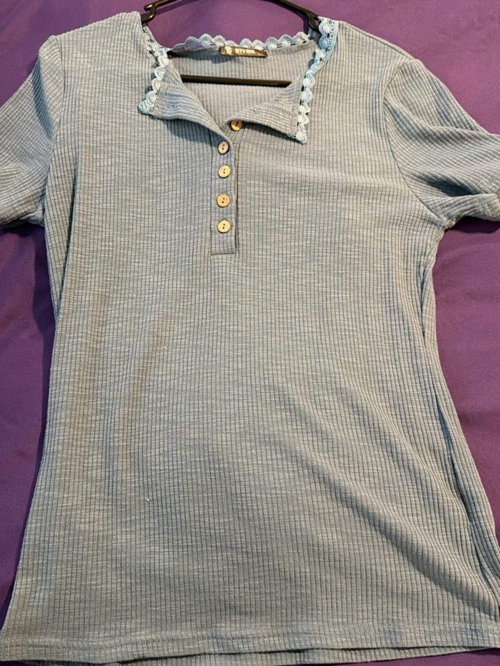 Ribbed Lace-Trim Polo Top - Light Blue